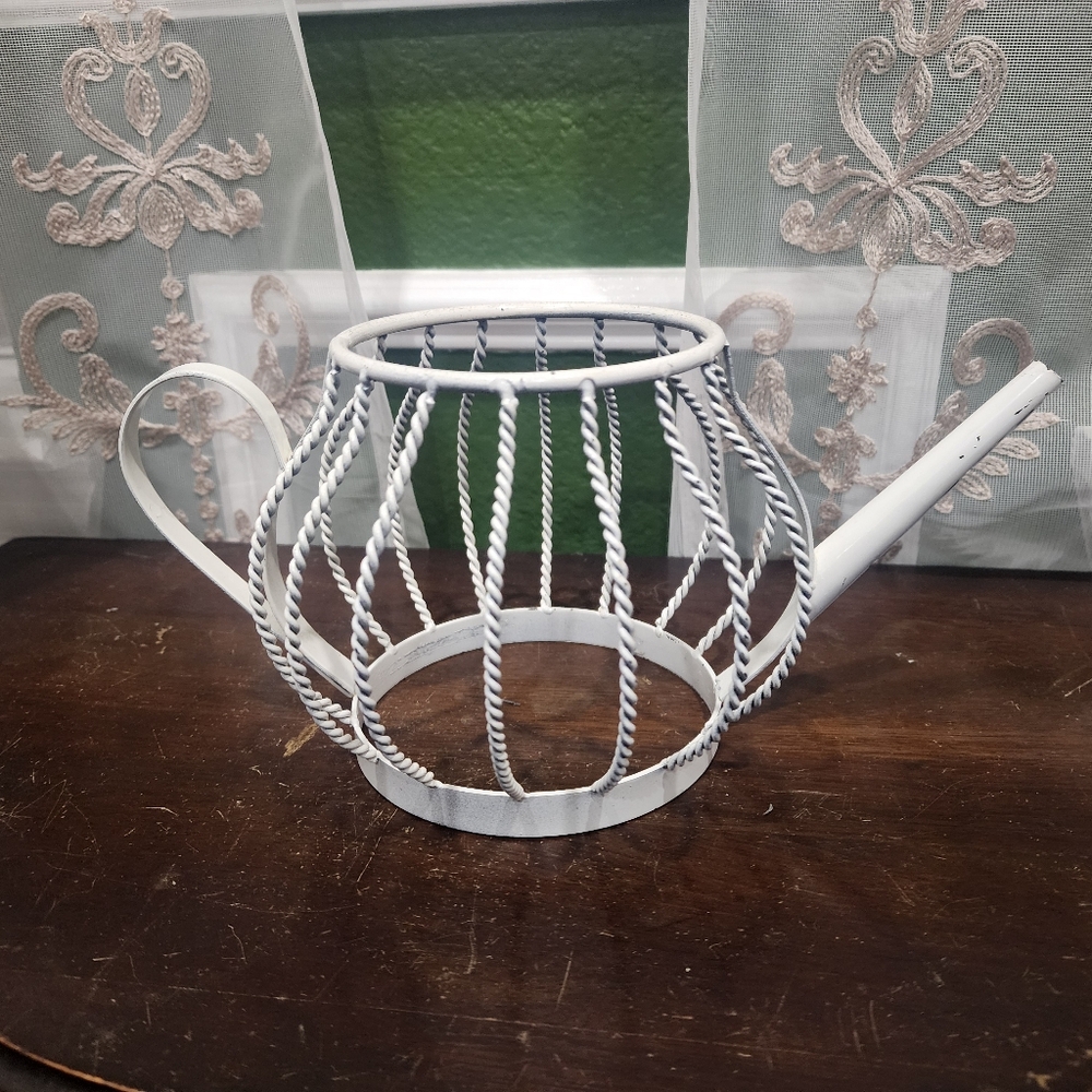 Adorable White Twisted Metal Teapot Decor /  White Metal Decorative Watering Can